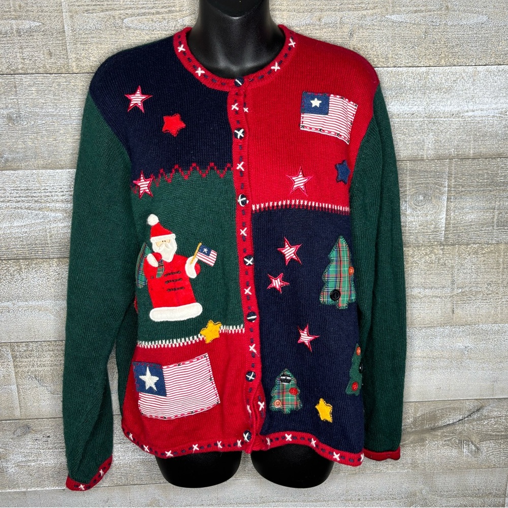 Karen Scott vintage wool blend USA patriotic Christmas holiday sweater cardigan
